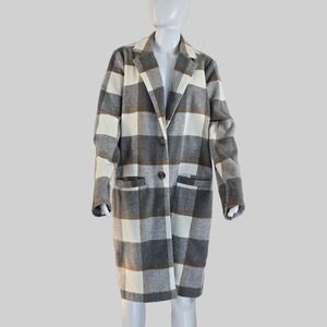 Dip Women XL Plaid Longline Coat Grey Cream Brown Wool Blend Notched Lapel XL